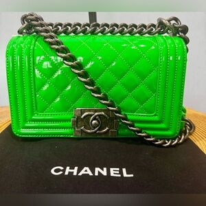 Chanel Green Quilted Patent Leather Flap Boy Bag